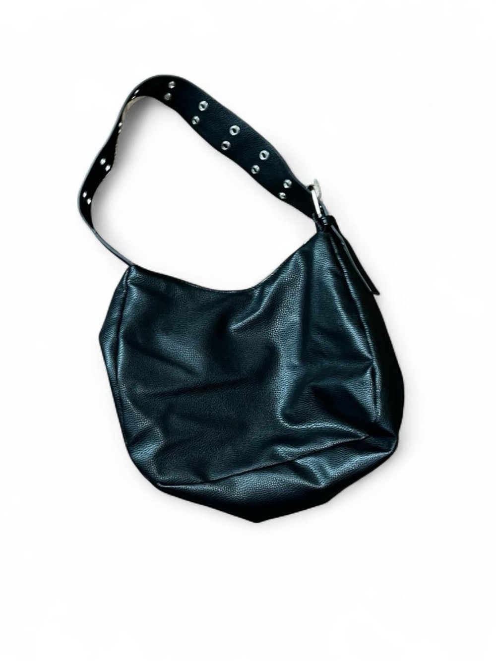 Black Faux-Leather Shoulder Hobo Bag with Grommet Strap